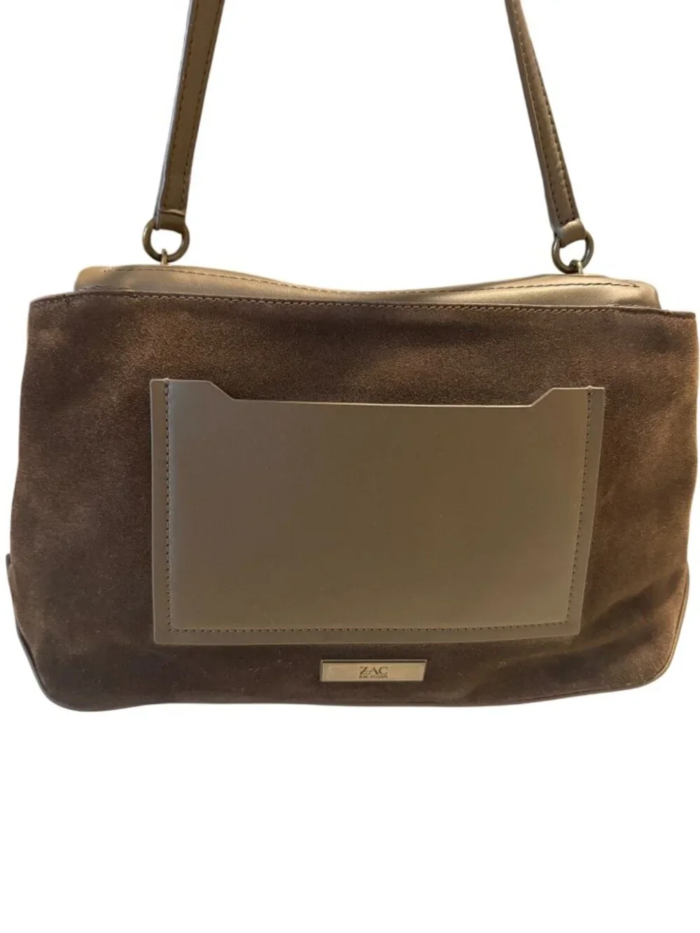 Zac Posen Eartha Brown Leather Suede Envelope Flap Brass Hardware Shoulder Bag